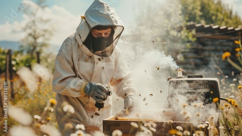 A beekeeper in a white suit is working with bees in a field