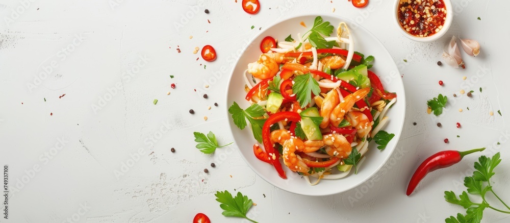 A white bowl filled with Thai papaya salad sits next to a bowl of spicy chili on a white surface. The vibrant colors of the salad contrast with the red chili, creating a visually appealing and