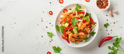 A white bowl filled with Thai papaya salad sits next to a bowl of spicy chili on a white surface. The vibrant colors of the salad contrast with the red chili, creating a visually appealing and