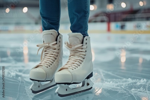 A person is standing on ice skates on a rink