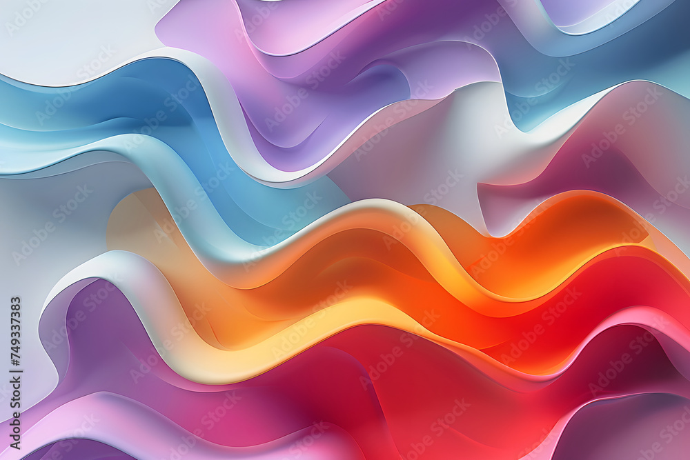 Abstract 3D background in the form of matte stripes and waves of delicate colors, texture 3D background of blue orange purple and pink waves