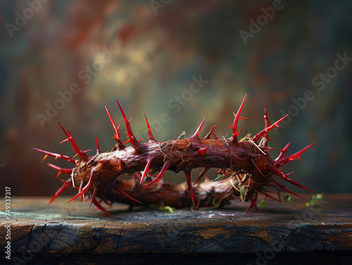 Crown of Thorns with Red Flowers on Wooden Surface photo