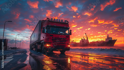 Truck on the road with cargo ship in the background at sunset