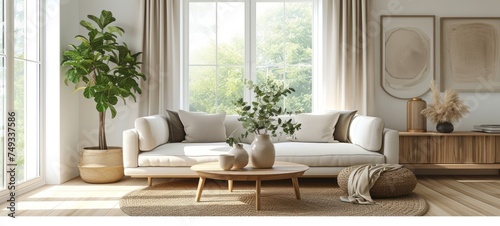 Interior of spacious living room in modern luxury residential house. Comfortable sofa  wooden coffee table  commode  carpet on the floor  indoor plants  large windows. Eco-style design.