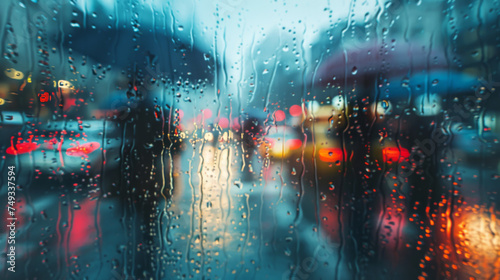 Blurry view of street traffic through a glass window on a rainy day