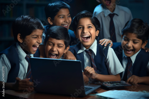 A group of smiling Indian school students using a laptop computer