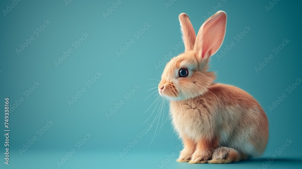 Easter bunny with pink ears in studio on blue background with copy space