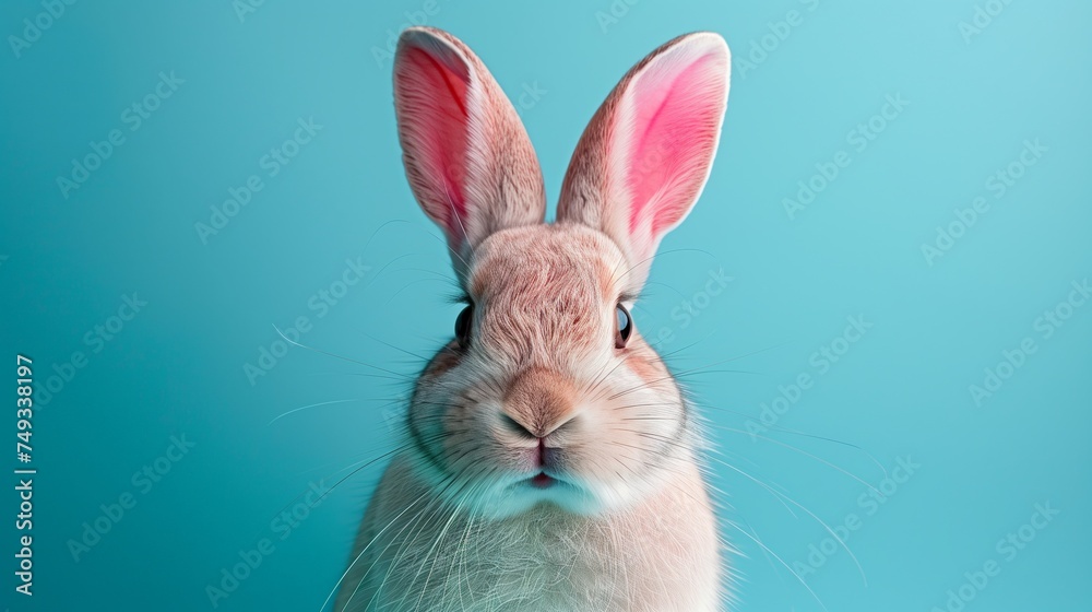 Obraz premium Easter white bunny with pink ears in studio on blue background with copy space