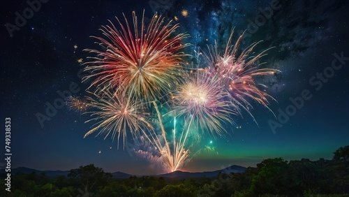 Colorful fireworks exploding over a dark night sky