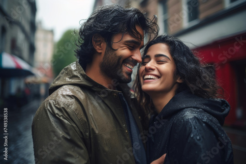 Romantic Indian ethnic couple having fun on a rainy day