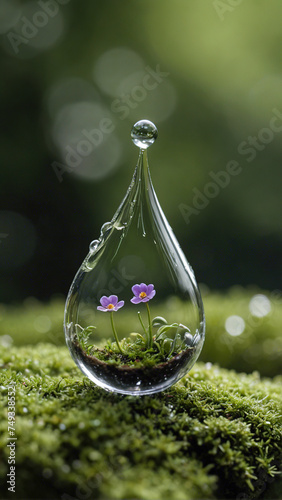 Infinite Microcosm: The World Within a Dewdrop. Exploring the amazing micro-world within a dewdrop, where a whole world of microorganisms and fantastic plants thrives. generative, ai