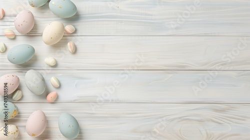 Happy Easter holiday background with colorful pastel eggs on white wooden table, top view, copy space