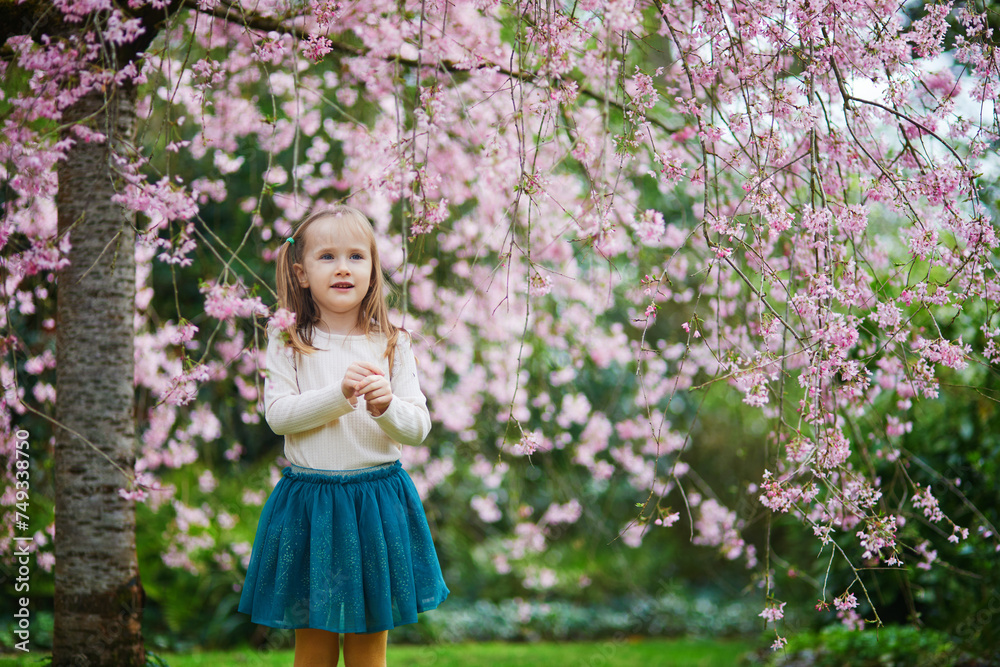 Adorable preschooler girl enjoying nice spring day in park during cherry blossom season Adorable preschooler girl enjoying nice spring day in park during cherry blossom season