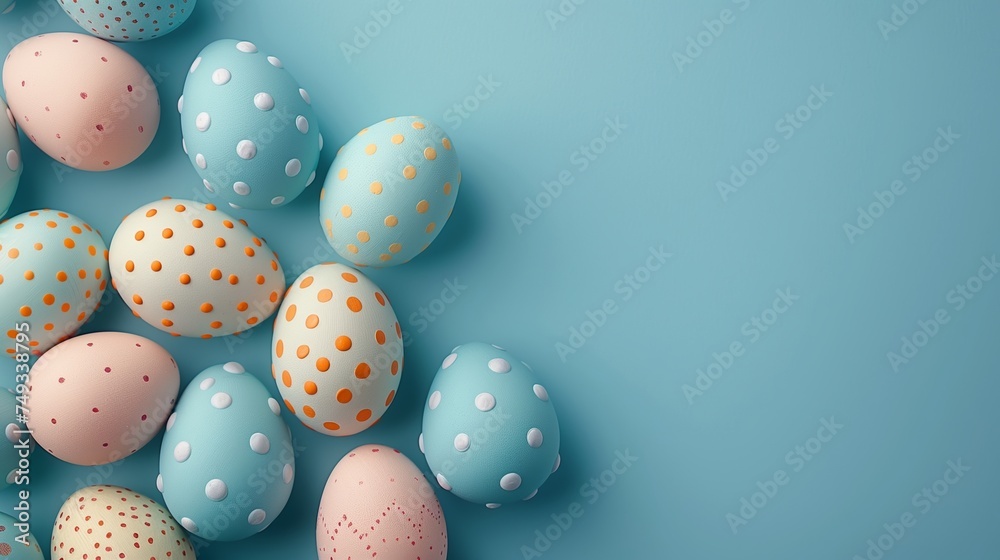 Happy Easter holiday background with colorful pastel eggs on blue paper, top view, copy space