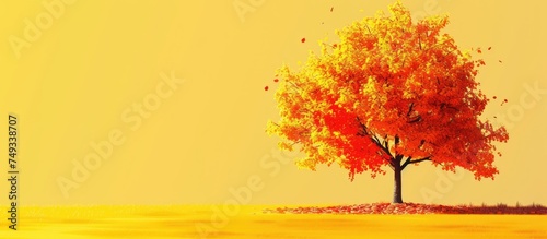 A painting showcasing a vibrant autumn tree standing tall in the middle of a field, set against a bright yellow sky background. The tree is detailed with colorful leaves, with the serene landscape