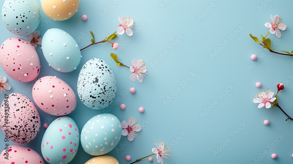 Easter pastel colored eggs with spring flowers on blue paper background, copy space, top view Easter pastel colored eggs with spring flowers on blue paper background, copy space, top view