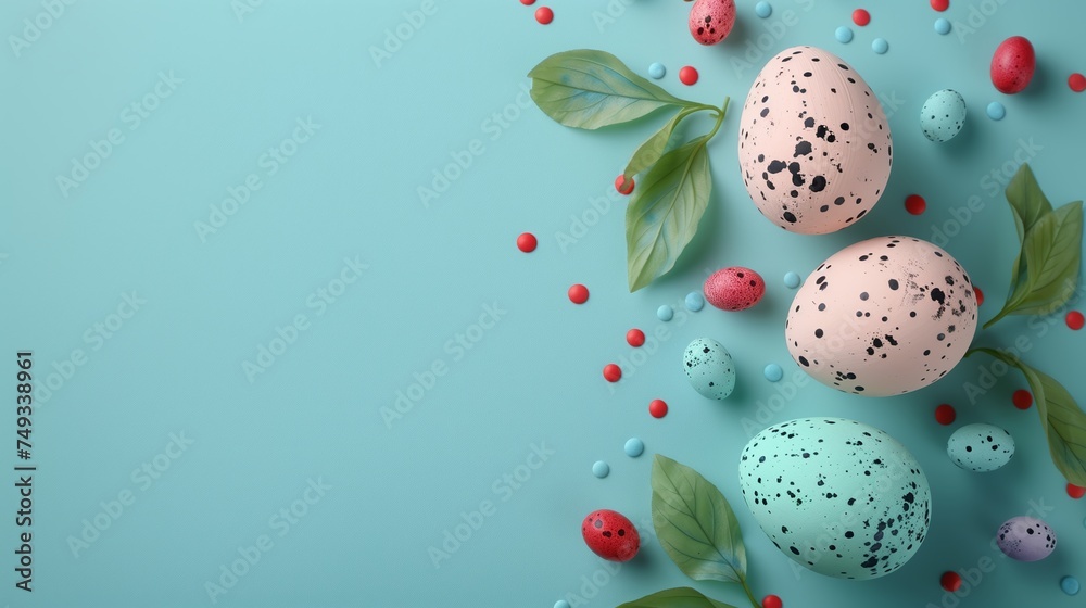 Easter pastel colored eggs with spring flowers on blue paper background, copy space, top view