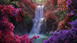 waterfall in garden of colorful flowers