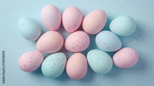 Happy Easter holiday background with colorful pastel eggs on blue paper, top view, copy space