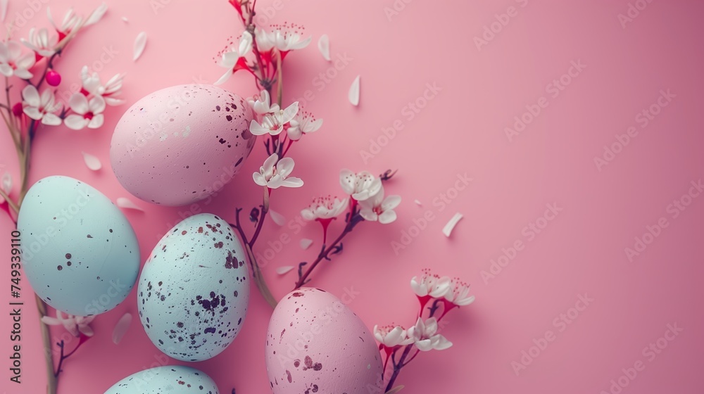 Easter pastel colored eggs with spring flowers on pink paper background, copy space, top view