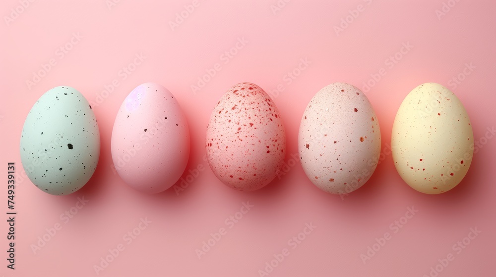 Copy space Happy Easter holiday background with colorful pastel eggs on pink paper, top view