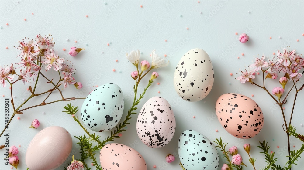 Easter colored eggs with spring flowers on pastel blue background, copy space, top view