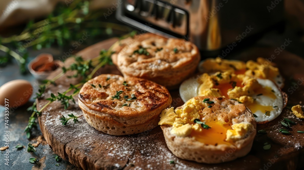 cozy breakfast scene with a toaster toasting whole grain English muffins, paired with eggs and fresh herbs