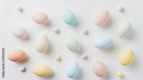 Happy Easter holiday background with colorful pastel eggs on white paper, top view