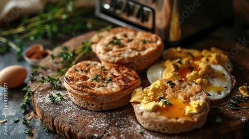 cozy breakfast scene with a toaster toasting whole grain English muffins, paired with eggs and fresh herbs
