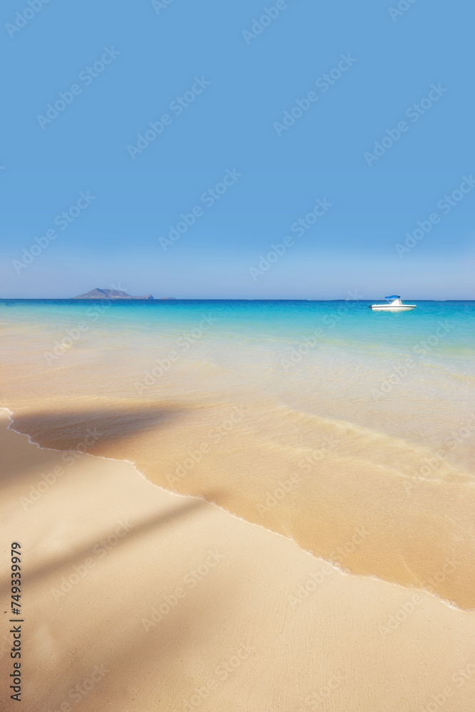Ocean, Hawaii and blue sky for holiday, sand and rocks in shore for peace and tranquility. Seaside, waves and summer for vacation, location and beach for clear water on travel and tropical trip