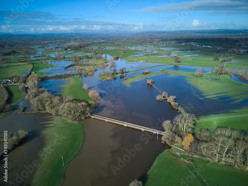 aerial view of flooding on the River Severn in rural Shropshire, UK