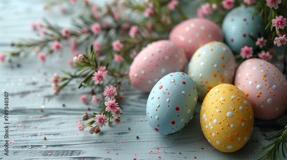 Obraz premium Easter pastel eggs with spring flowers on pastel wooden blue background with copy space, top view