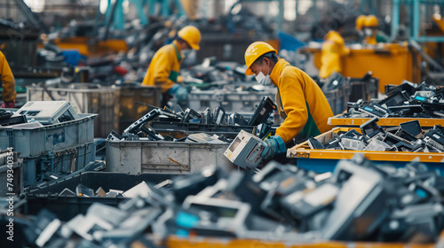 
Workers sorting and processing electronic waste at a recycling facility equipped with advanced separation and recycling technologies.