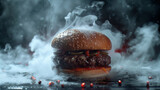 Hamburger with details of smoke behind in dark background