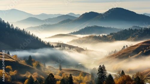 Mountain Autumn Landscape with Fog.