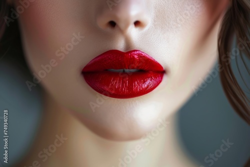 Glamorous red lips close-up. Glossy red lipstick makeup. Half-open mouth of beautiful Caucasian female model expresses sensuality and sexuality. Beauty and fashion concept.