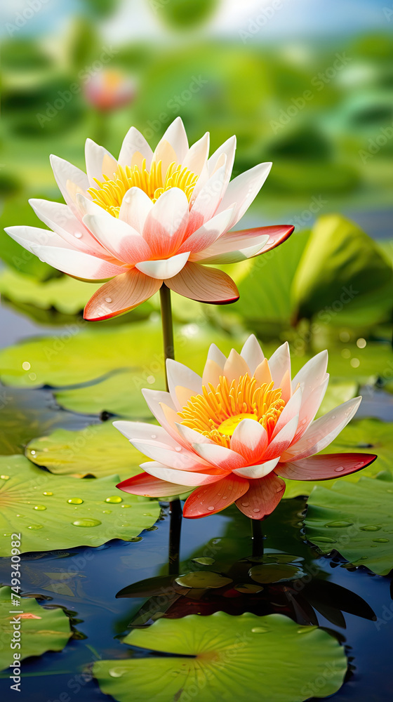Pink white lotus water lily flower plants bloom beautifully and grow abundantly with thin water droplets in the pond Pink white lotus water lily flower plants bloom beautifully and grow abundantly with thin water droplets in the pond