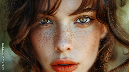 Beauty face and spa. Woman with freckles, clean nourished skin, biting lip and look aside. Girl model using antiaging cosmetics and vitamin c serum for bettet smoother skin tone, generative ai