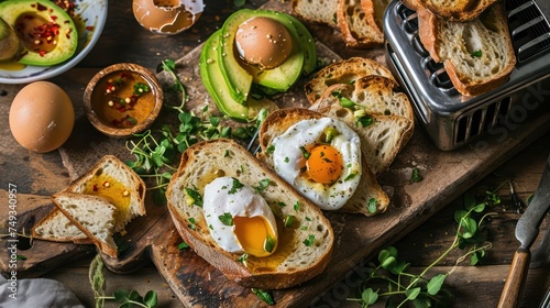 delightful breakfast scene with a toaster at work on slices of Italian ciabatta bread, complemented by poached eggs and avocado