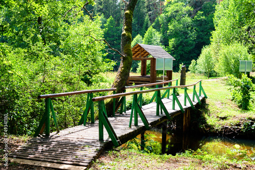 A wooden bridge over the stream leading to the gazebo