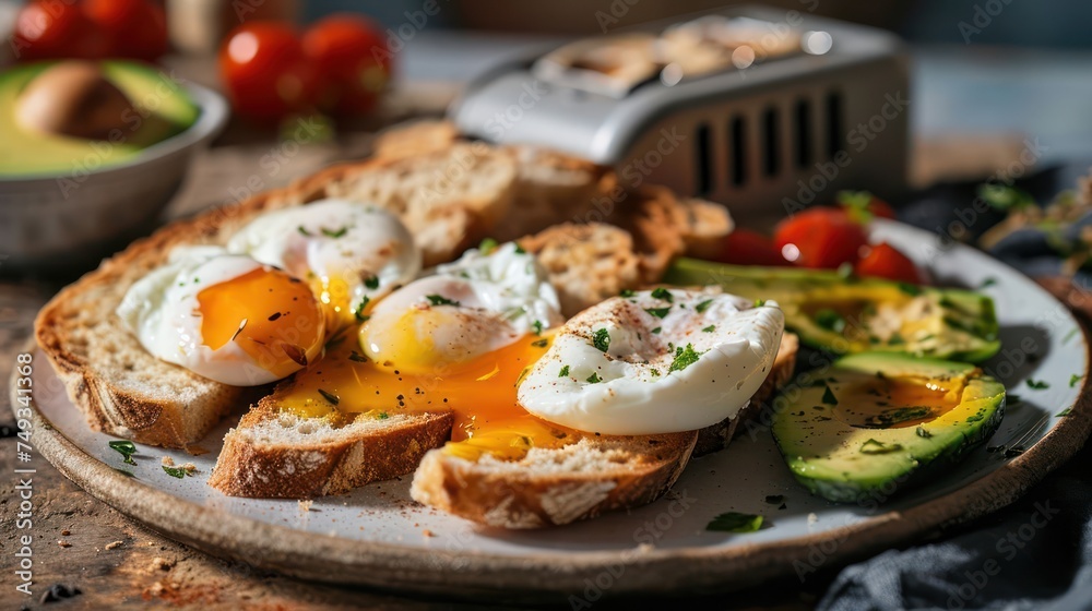 delightful breakfast scene with a toaster at work on slices of Italian ciabatta bread, complemented by poached eggs and avocado