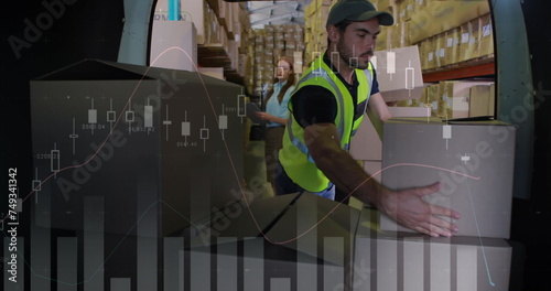 Image of financial data processing over delivery man loading up car in warehouse