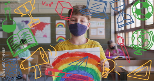 Image of school items icons moving over schoolboy wearing face mask