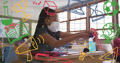 Image of school items icons moving over schoolgirl wearing face masks
