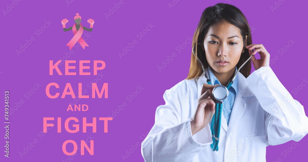 Image of breast cancer awareness text over biracial female doctor on purple background Image of breast cancer awareness text over biracial female doctor on purple background