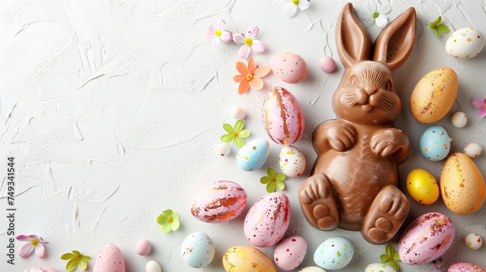 Easter chocolate bunny and colorful bright eggs on stone gray background, top view, copy space