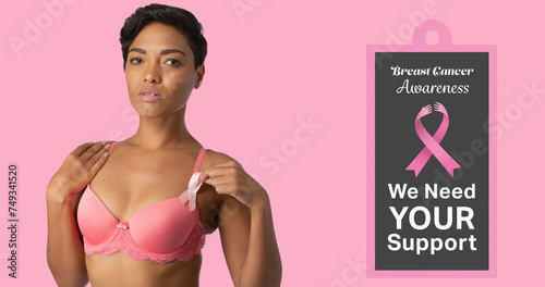 Image of breast cancer awareness text over african american woman on pink background