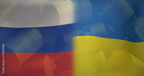 Image of flags of russia and ukraine over nuclear barrels