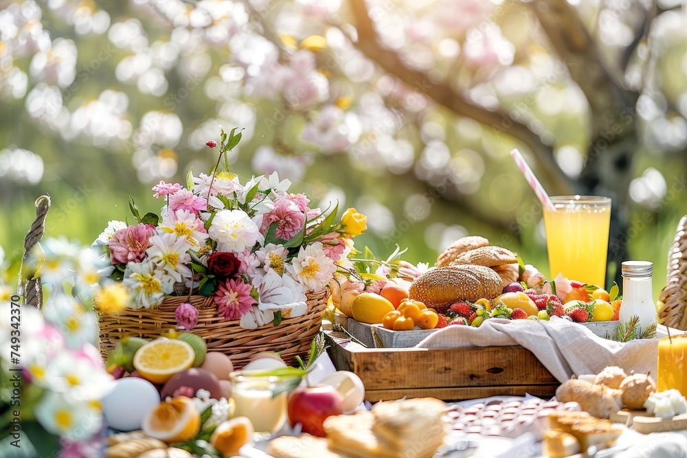 A Joyous Easter Picnic Spread Under the Blossoming Cherry Trees, Featuring Foods That Symbolize Spring and Rebirth