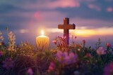 A Solemn Easter Morning: The First Light of Dawn Gently Illuminates a Candle Adorned with a Cross, Symbolizing Hope and Renewal